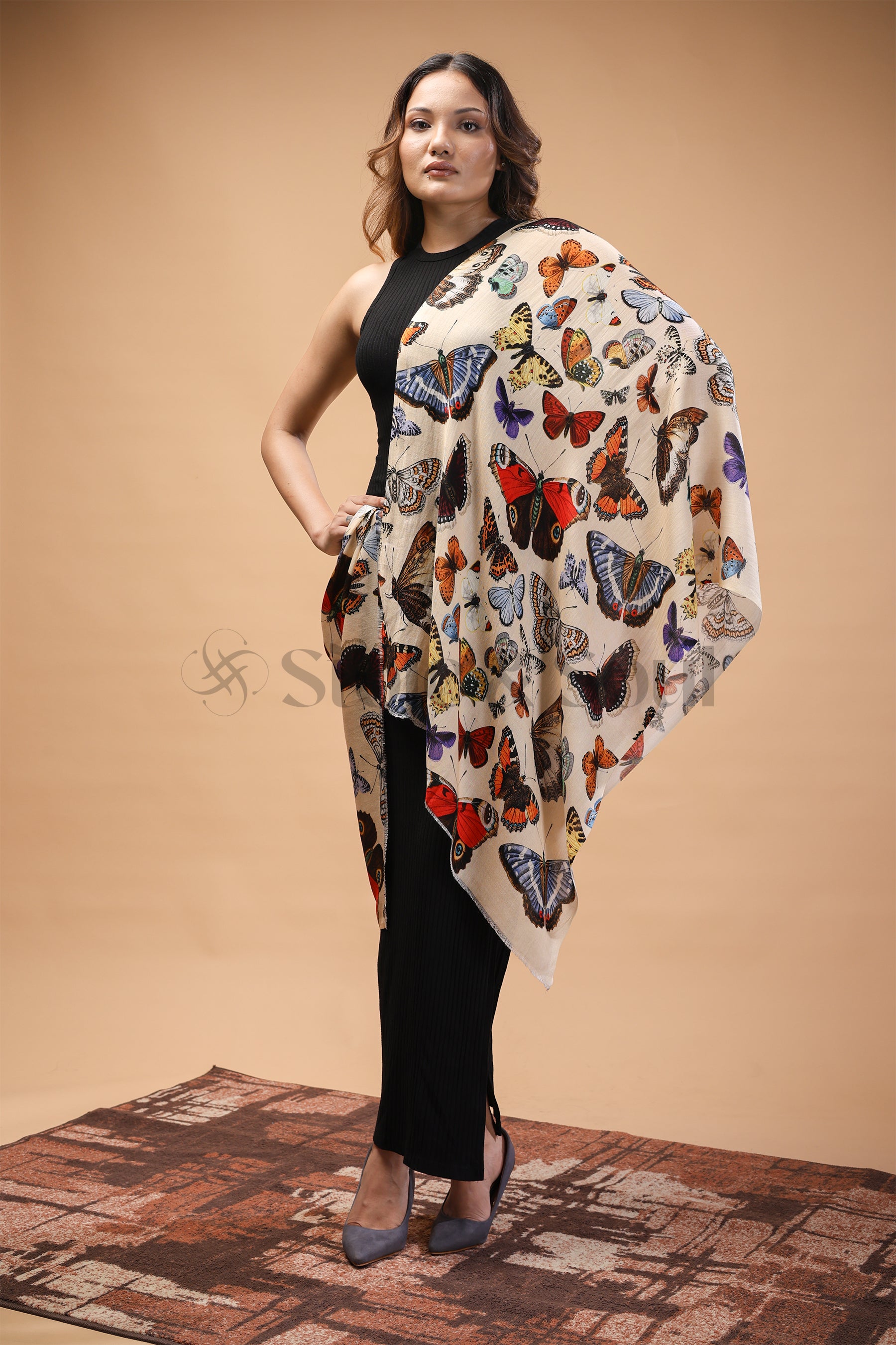 Butterfly printed bamboo silk stole